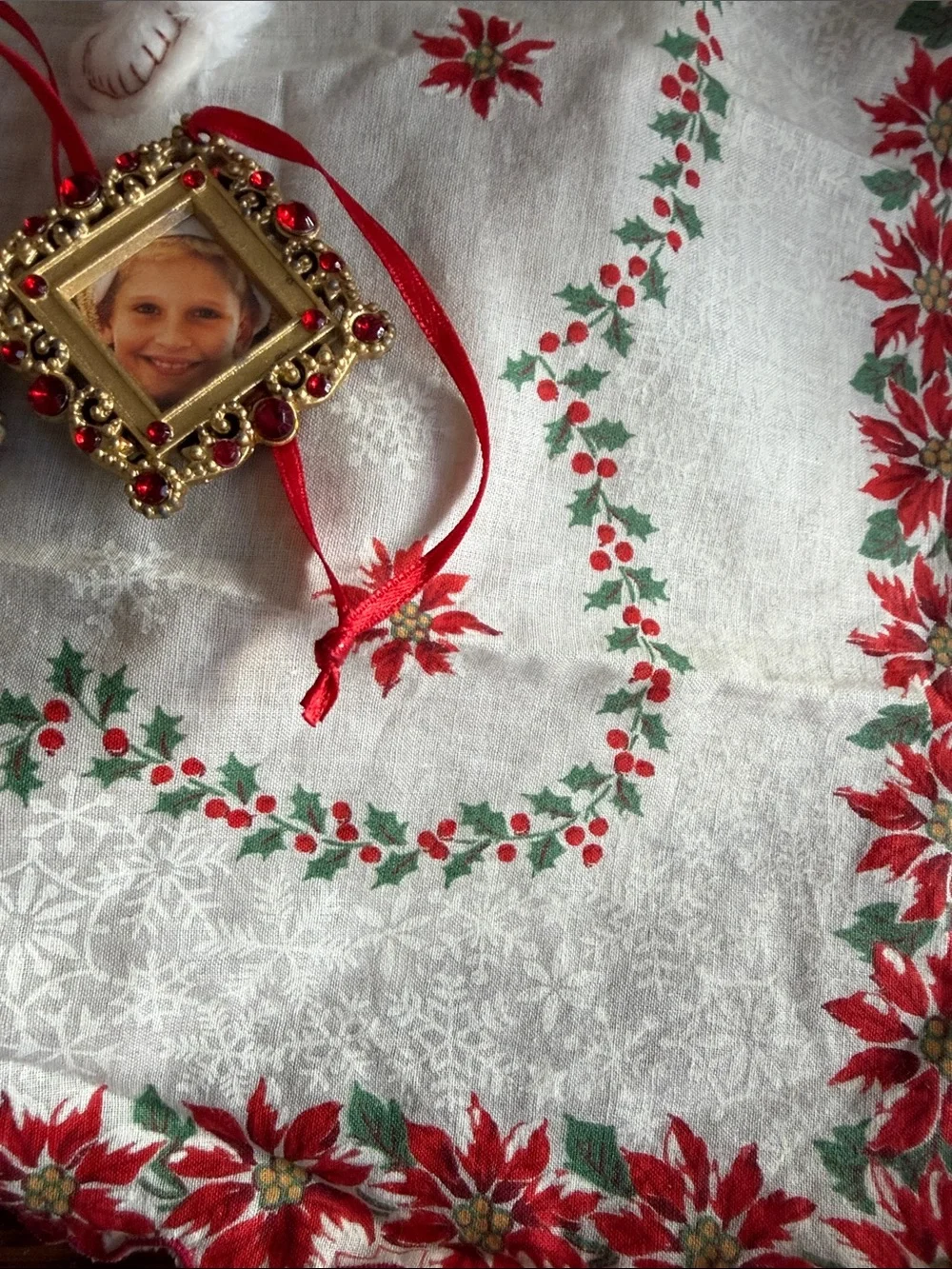 Xmas  Dog Photo Ornament & White Plush poodle - picture frames Xmas hanky vinta